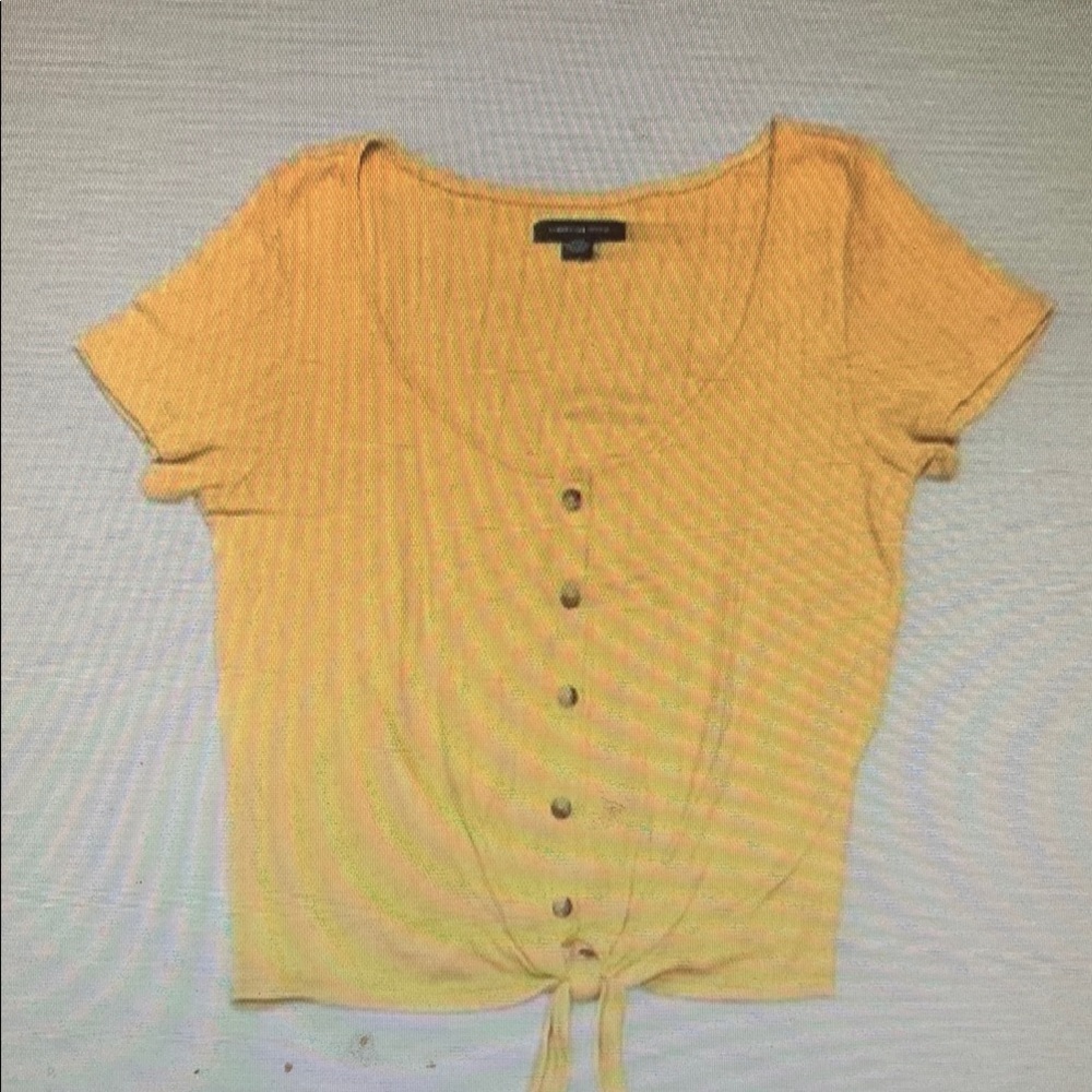 Yellow Ribbed Buttoned Tie Front Top